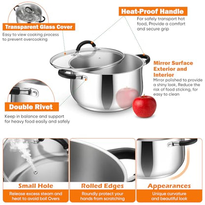 P&P CHEF Stainless Steel Stock Pot, 5 Qt Cooking Soup Pot with Visible Lid for Pasta, Tri-Ply Bottom & Dual Heatproof Handles, For Induction Gas All Stoves, Non-Toxic & Dishwasher Safe
