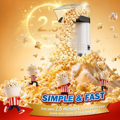 1200W Hot Air Popcorn Machine - 4.5-Quart Oil-Free Popcorn Maker with 2-Min Fast Popping, High Efficiency Air Popper with Anti-Clog Design for Healthy Family Snack (White)