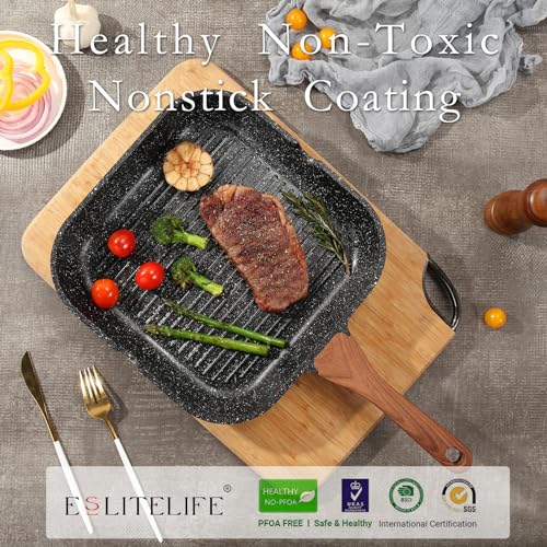 ESLITE LIFE 9.5 Inch Nonstick Grill Pan for Indoor Cooking, Versatile Induction Square Large Grilling Skillet Steak Pan for Stove Tops, PTFE & PFOA Free, Black