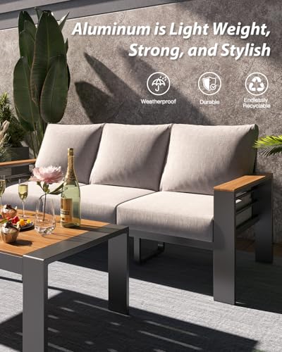 Aoxun Aluminum Outdoor Patio Furniture Set, 5 Seats Outdoor Sectional with Coffee Table, Patio Conversation Sets with Upgraded Armrests and Cushions for Backyard, Garden and Poolside（Grey）