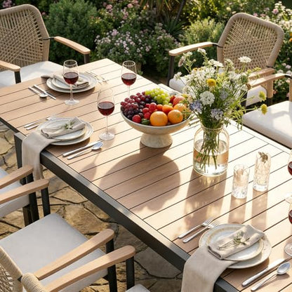 SUNSITT 9 Piece Outdoor Patio Dining Set, 63" - 105" Aluminum Expandable Outdoor Dining Table w/Thermal Transfer Wood Grain Tabletop, 8 Woven Wicker Patio Chairs w/WPC Armrests for Garden