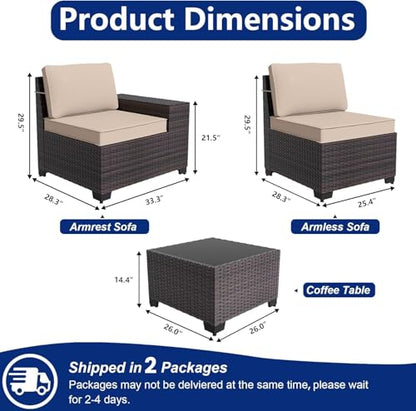 ASJMR Outdoor Patio Furniture Set, 6 Pieces Outdoor Sectional Furniture High Backrest Patio Sofa, All-Weather PE Rattan Patio Conversation Set with Coffee Table & Cushions-Sand.