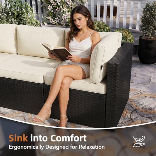 Aoxun Patio Furniture Set 5-Piece, Outdoor Sectional Sofas with Washable Cushion, Wicker Rattan Patio Conversation Sets for Backyard Porch and Poolside, Beige