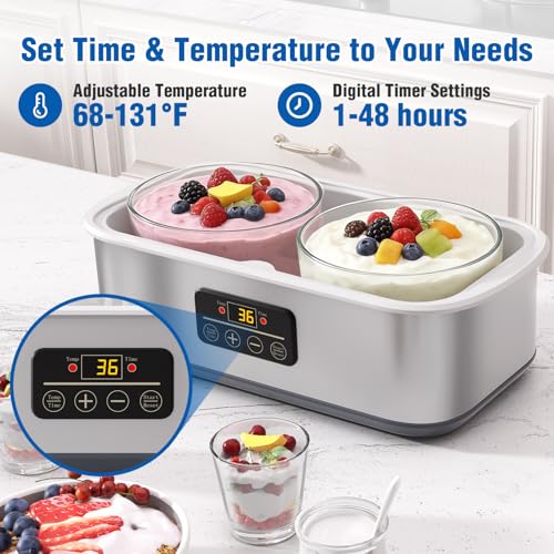 Yogurt Maker with Adjustable Time and Temp Control, 2 Bowls/1 Quart