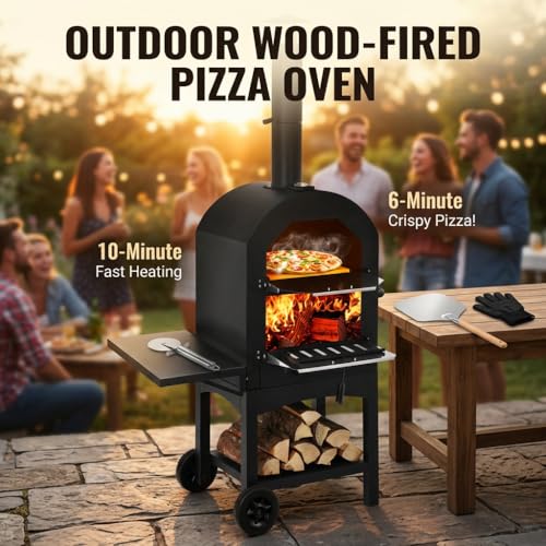 Z1UVDFUR Wood Fired Outdoor Pizza Oven for Patio Backyard Camping, Portable 550°F Pizza Maker with Stone, Peel, Grill Rack & Waterproof Cover for Backyard Camping
