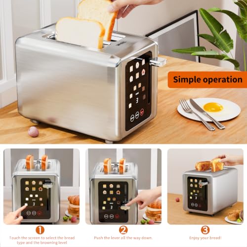WHALL Full Touch Screen Toaster 2 Slice, Smart Toaster for Bread, Silver