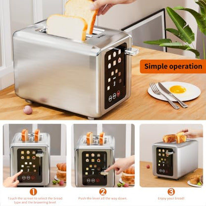 WHALL Full Touch Screen Toaster 2 Slice, Smart Toaster for Bread, Silver