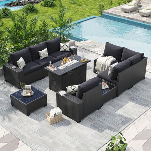 Aoxun 10-Piece Sectional Sofa with 44" Fire Pit, 4" Thicken Cushion, Widen Armrests Wicker for Backyard with Coffee Table, Black
