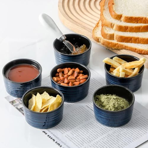 Tikooere Ceramic 4 oz Ramekins Set of 6, Oven Safe Small Creme Brulee Ramekins for Baking, Blue Dipping Bowls for Custard, Ice Cream, Pudding, Porcelain Sauce Cups, Mini Souffle Dish, Microwave Safe