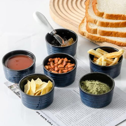 Tikooere Ceramic 4 oz Ramekins Set of 6, Oven Safe Small Creme Brulee Ramekins for Baking, Blue Dipping Bowls for Custard, Ice Cream, Pudding, Porcelain Sauce Cups, Mini Souffle Dish, Microwave Safe