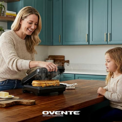 OVENTE 2-Serving Electric Indoor Grill & Panini Press with Easy Clean Non-Stick Plate Coating, Opens 90 Degrees, 10.7" x 7.7" Space Saving Design, 750W Contact Grill for Burgers & More, Black GP222B