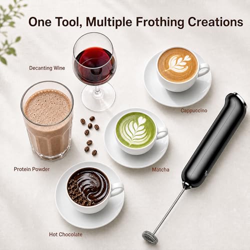InstaWhisk Upgraded Milk Frother with Variable Speed - Rechargeable Handheld Coffee Frother Wand with Detachable Whisks, Electric Drink Mixer for Latte, Cappuccino, Matcha, Almond Milk, Protein, Black