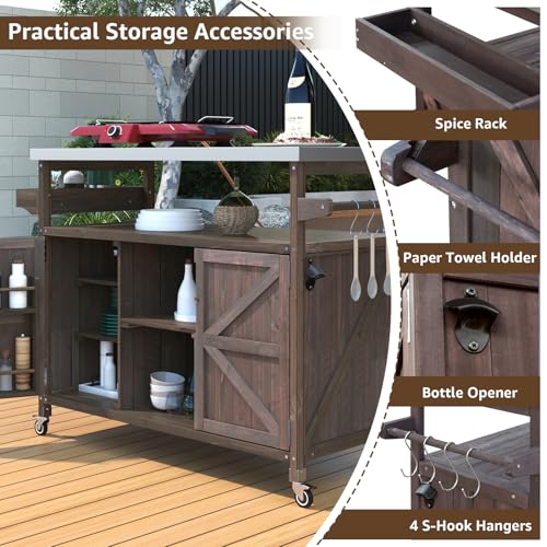 YeahFurn 50" Outdoor Grill Cart with Storage, Solid Fir Wood Grill Prep Table, Rolling Outdoor Cooking Station with Stainless Steel Top, Brown