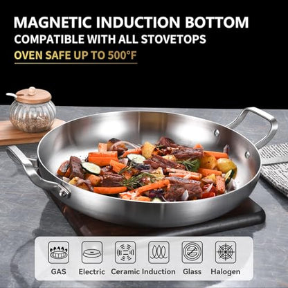 Inqibee 14-Inch Tri-Ply Stainless Steel Paella Pan,Large Skillet,Griddle Pan,Large Frying Pan,Jumbo Cooker,Induction Cookware,Dishwasher and Oven Safe.