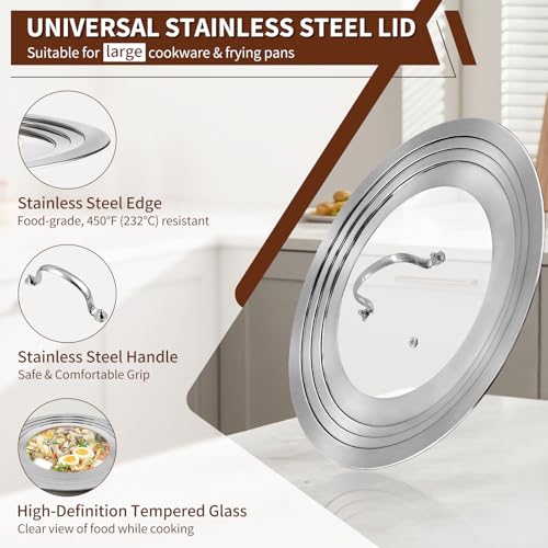 15 Inch Extra Large Universal Lid for Pots, Pans and Skillets, Pan Lid Fits 9.5/10/11/12/13/14/15 Inch Cookware, Stainless Steel & Tempered Glass Replacement Frying Pan Lid, Dishwasher Safe