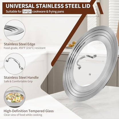 15 Inch Extra Large Universal Lid for Pots, Pans and Skillets, Pan Lid Fits 9.5/10/11/12/13/14/15 Inch Cookware, Stainless Steel & Tempered Glass Replacement Frying Pan Lid, Dishwasher Safe