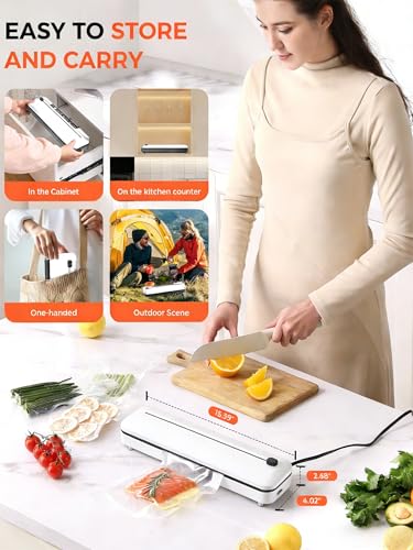 Vacuum Sealer Machine 75KPa Food with 6-in-1 Dry/Moist Modes & Digital Timer, Compact Lightweight Design, Built-in Cutter + 10 Bags (white)