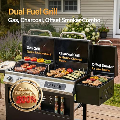 Sophia & William 3-Burner Gas and Charcoal Grill Combo with Offset Smoker - Dual Fuel BBQ Grill, 840 sq. in. Cooking Area, Heavy Duty Propane Barbecue for Outdoor Patio Cooking, Black