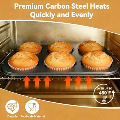 Artcochan 2 Pack Muffin Pan with 50 Cupcake Liners, Extra Large 6 Cup Nonstick Carbon Steel Cupcake Pan,Jumbo Muffin Tin for Baking Supplies