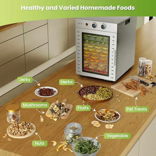 Food Dehydrators Machine with 12 Stainless Steel Trays with Timer Setting Temperature Adjusted 68 ℉ to 194 ℉ Dryer for Herb Fruit Meat Vegetables Mushroom Beef jerky for Commercial Household large