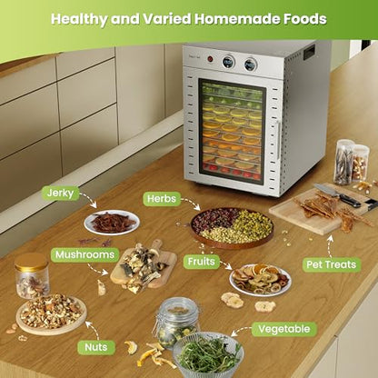 Food Dehydrators Machine with 12 Stainless Steel Trays with Timer Setting Temperature Adjusted 68 ℉ to 194 ℉ Dryer for Herb Fruit Meat Vegetables Mushroom Beef jerky for Commercial Household large