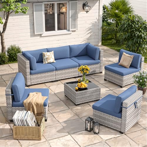 MAISON BACKYARDS 6-Seat Modular Patio Furniture Set – Outdoor Wicker Sectional Sofa with Thick 4″ Cushions, Dual-Strand PE Rattan, Rust-Resistant 18 mm Steel Frame, Backyard Garden Deck Lounge,Navy