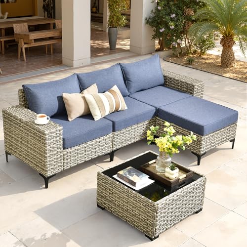ovios 5-Piece Patio Furniture Set with L-Shaped Sofa Chaise, Outdoor Modular Sectional Couch Coffee Table, Modern Wicker Rattan Conversation Set, Denim Blue