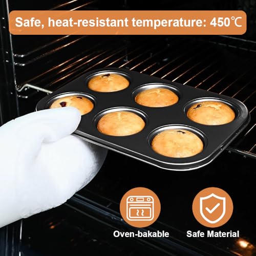 ASBAYSON 2 Packs Premium Steel Muffin Pan for Baking, Round Muffin Baking Pan, Baking Tray for Muffins, Cupcakes, Brownie(Black, 6 Cup)
