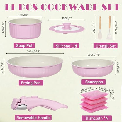 Vivicreate 11 Piece Pots and Pans Set Nonstick with Removable Handle, Induction Cookware, Stackable Kitchen Set for RV Camping Apartment, Frying Pan and Saucepan (Pink)