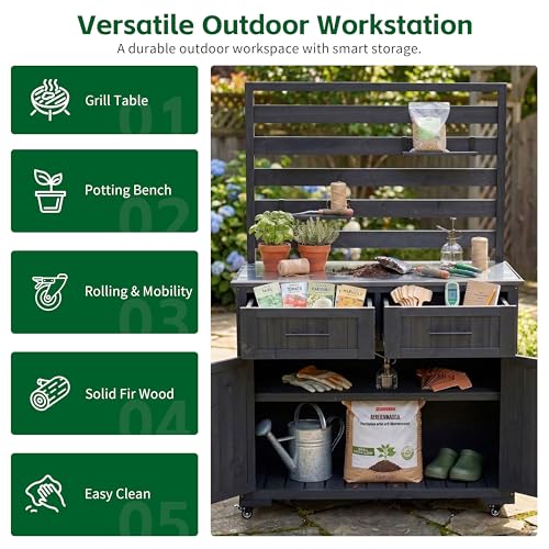Oevsld 64.9" Farmhouse Wood Outdoor Cabinet with Stainless Steel Tabletop, Large Kitchen Island on Wheels with Hutch, Prep Station for Big Green Egg, BBQ Grill Table & Garden Work Bench