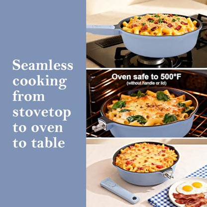 Bobikuke Non Stick Frying Pan Skillet with Lid, 12 Inch Nonstick Deep Frying Pan, 5 QT Saute Pan with Detachable Handle, Compatible with All Stoves, Induction Ready, Oven Safe, PTFE & PFAS-Free, Blue