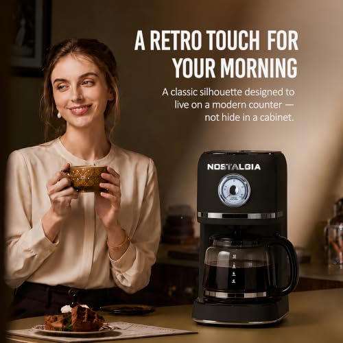 Nostalgia Classic Retro 10 Cup Coffee Maker - One-Touch Drip Brew, Reusable Filter - Anti-Drip, Auto Shutoff, & Time Display - Dishwasher Safe 50 oz Carafe - Black