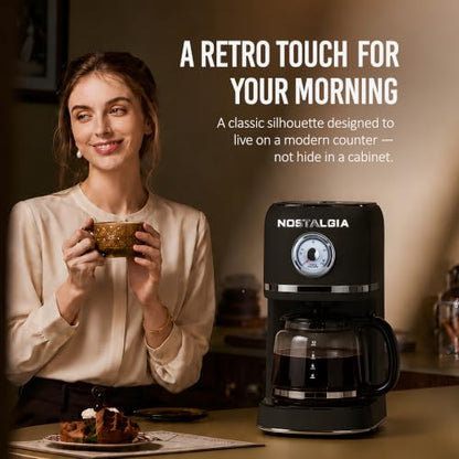 Nostalgia Classic Retro 10 Cup Coffee Maker - One-Touch Drip Brew, Reusable Filter - Anti-Drip, Auto Shutoff, & Time Display - Dishwasher Safe 50 oz Carafe - Black