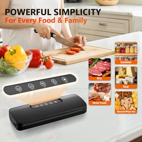 Vacuum Sealer Machine for Food Preservation | High Suction Food Sealer with Double Seal Technology | Compact Meat Sealer with Built-in Cutter & Bag Storage | Dry & Moist Modes for Sous Vide (Black)