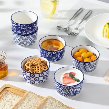 vancasso Selene 6 oz Ceramic Ramekins Set of 6, Microwave & Dishwasher Safe Souffle Cups for Baking, Dip & Sauce, Desserts, Handcrafted Blue Floral Bowls