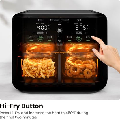 Chefman 6 Quart Dual Basket Air Fryer - Digital Touchscreen, Smart Sync Finish, Hi-Fry, Auto Shutoff, 2 Independent 3QT Nonstick Dishwasher-Safe Frying Baskets - Digital Double Air Fryer - Black