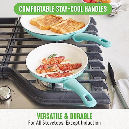GreenLife Soft Grip Healthy Ceramic Nonstick 18 Piece Kitchen Cookware Pots and Frying Sauce Saute Pans Set, PFAS-Free with Kitchen Utensils and Lid, Dishwasher Safe, Turquoise