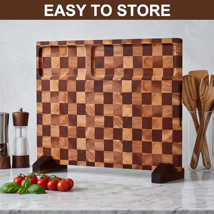 BIEOFFEI Checkered Cutting Board with Stand, Dual-Sided Wood Cutting Board with Juice Groove, 16.5x11.6 Inch Butcher Block Serving Tray, Chopping Board for Kitchen Gifts