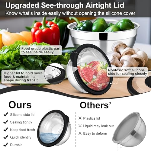 E-far Mixing Bowls Set of 5, Stainless Steel Salad Mixing Bowl with Transparent Lid, Metal Nesting Bowl Attach with 3 Graters for Kitchen Prepping/Serving/Baking/Storage, 4.6/2.6/1.5/1/0.7 QT - Black