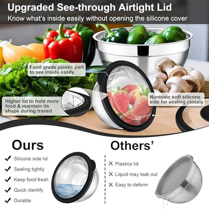 E-far Mixing Bowls Set of 5, Stainless Steel Salad Mixing Bowl with Transparent Lid, Metal Nesting Bowl Attach with 3 Graters for Kitchen Prepping/Serving/Baking/Storage, 4.6/2.6/1.5/1/0.7 QT - Black