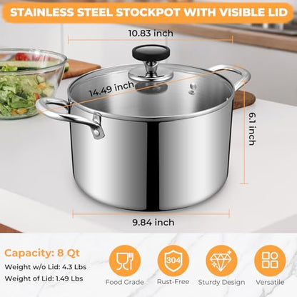 Tri-Ply Stainless Steel Stock Pot, 8 Quart Heavy Duty Induction Cooking Pot with Visible Lid for Pasta, Soup, Spaghetti, Sturdy & Double Handle, Dishwasher Safe