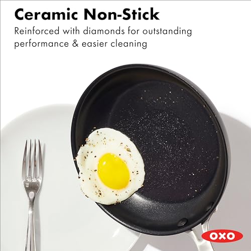 OXO Enhanced 12” Nonstick Frying Pan Skillet with Lid, Ceramic PFAS-Free Cookware, Durable Hard Anodized, Scratch Resistant, Stainless Steel Handle, Eggs & Omelets, Dishwasher & Oven Safe, Black