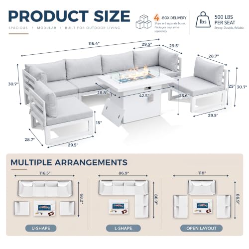 NICESOUL 7 Piece White Powder-Coated Aluminum Patio Furniture with Fire Pit Table, 29 Inch Extra Wide Outdoor Sectional Sofa for 6, High-End Heavy Duty L-Shaped Large Couch for Backyard, Light Gray