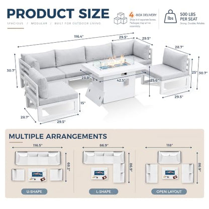 NICESOUL 7 Piece White Powder-Coated Aluminum Patio Furniture with Fire Pit Table, 29 Inch Extra Wide Outdoor Sectional Sofa for 6, High-End Heavy Duty L-Shaped Large Couch for Backyard, Light Gray