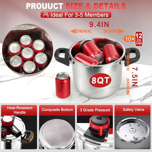 [3-IN-1] 18/8 Stainless Steel Pressure Cooker 8 Quart [Save 70% of time ]