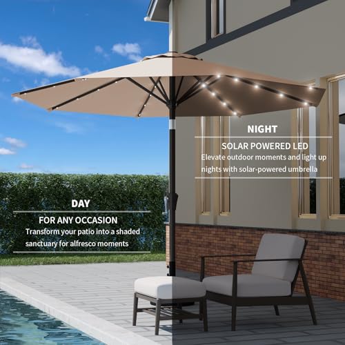 Tobeos 9FT Patio Umbrella with Solar Lights,Outdoor Market Umbrella with Tilt and Crank, LED Lighted Table Umbrella for Garden,Deck,Backyard,Pool,Beach (Beige)