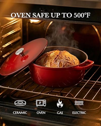 Dutch Oven Pot with Lid, 6QT Cast Iron Dutch Oven, Heavy Duty & Dual Handle, Dutch Oven for Bread Baking, Specialty Bread & Loaf Forms, Braising & Roasting, Sourdough Bread Baking, Oven Safe up to 500℉, Cast Iron Pot Compatible with All Cooktops, Cerise