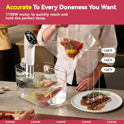 Carori Sous Vide Machine 1100W, Sous Vide Precision Cooker, Ultra Quiet Immersion Circulator with Recipes, Accurate Temperature and Time Control with Adjustable Clamp, Brushless Motor, White