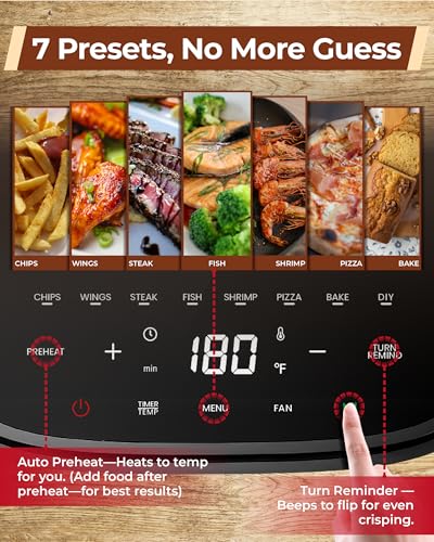 Cartman 4QT Compact Air Fryer, Ultra-Flat 6.7" Height Small Airfryer, Adjustable Airflow Design, Viewing Window, Up to 450℉, 7 Presets Touchscreen, Portable Air Fryer, Black