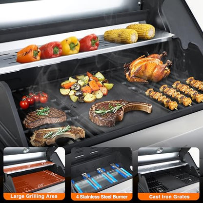IdeaMaxx Propane Gas Grill 4 Burner, 49,000 BTU Outdoor BBQ Grill with Side Burner, Porcelain Cast Iron Grates & Stainless Steel, Fast Heating for Backyard, Camping, Tailgating